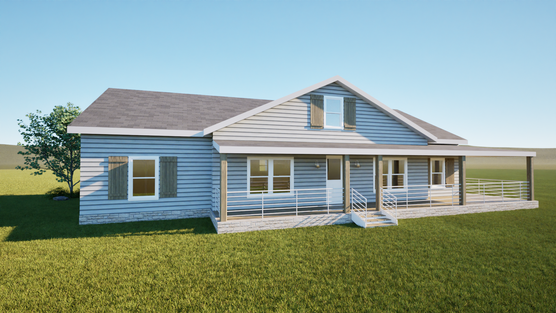 Blue farmhouse with porch on green grass under blue sky.
