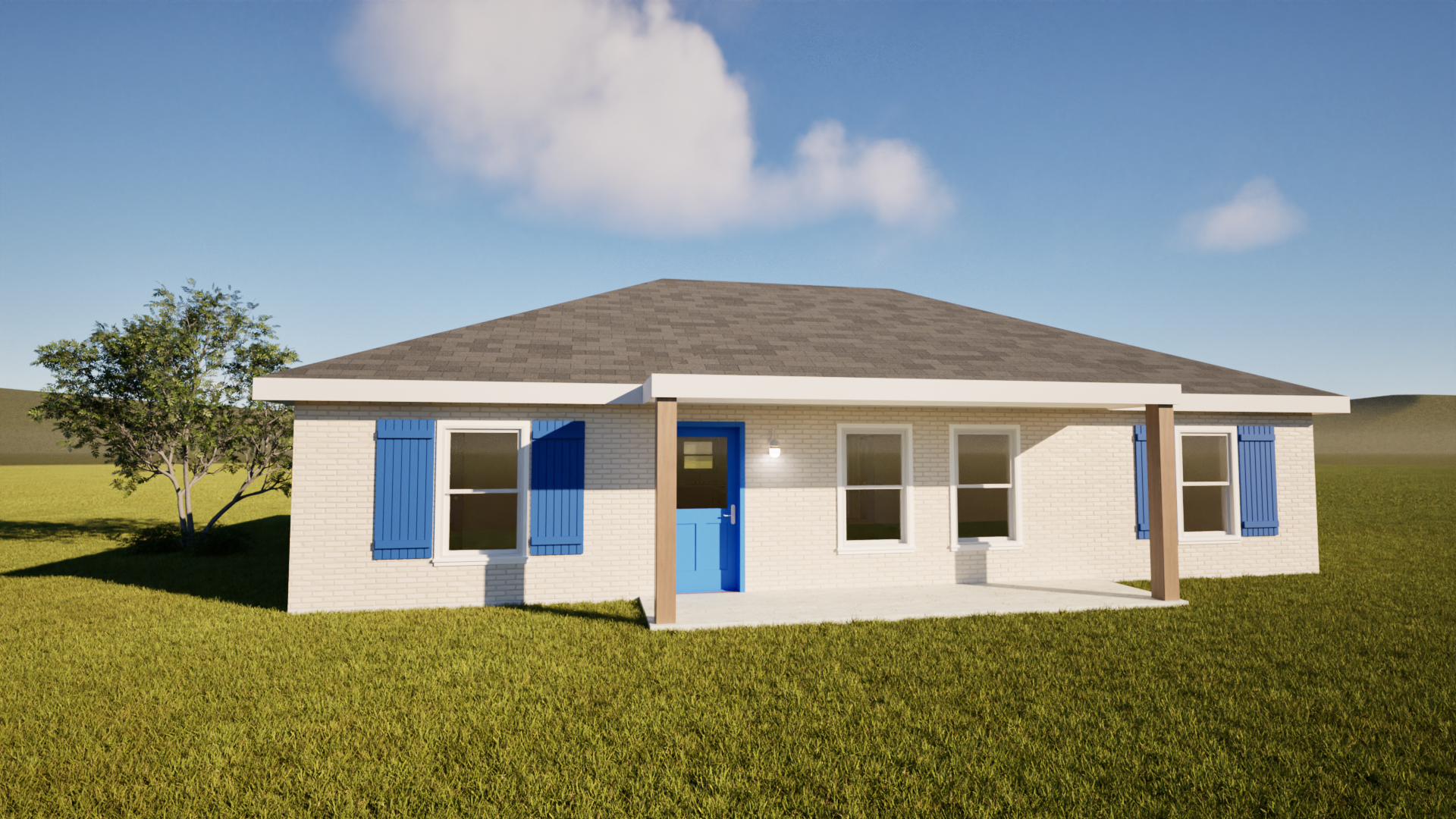 A light-colored ranch-style house with blue shutters and door, set on a grassy lawn under a blue sky.