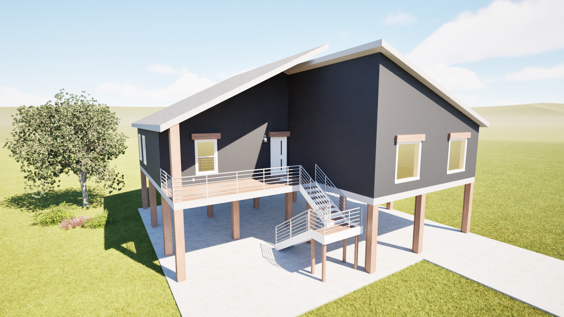 A modern, gray elevated house with a deck and staircase, on a sunny day.