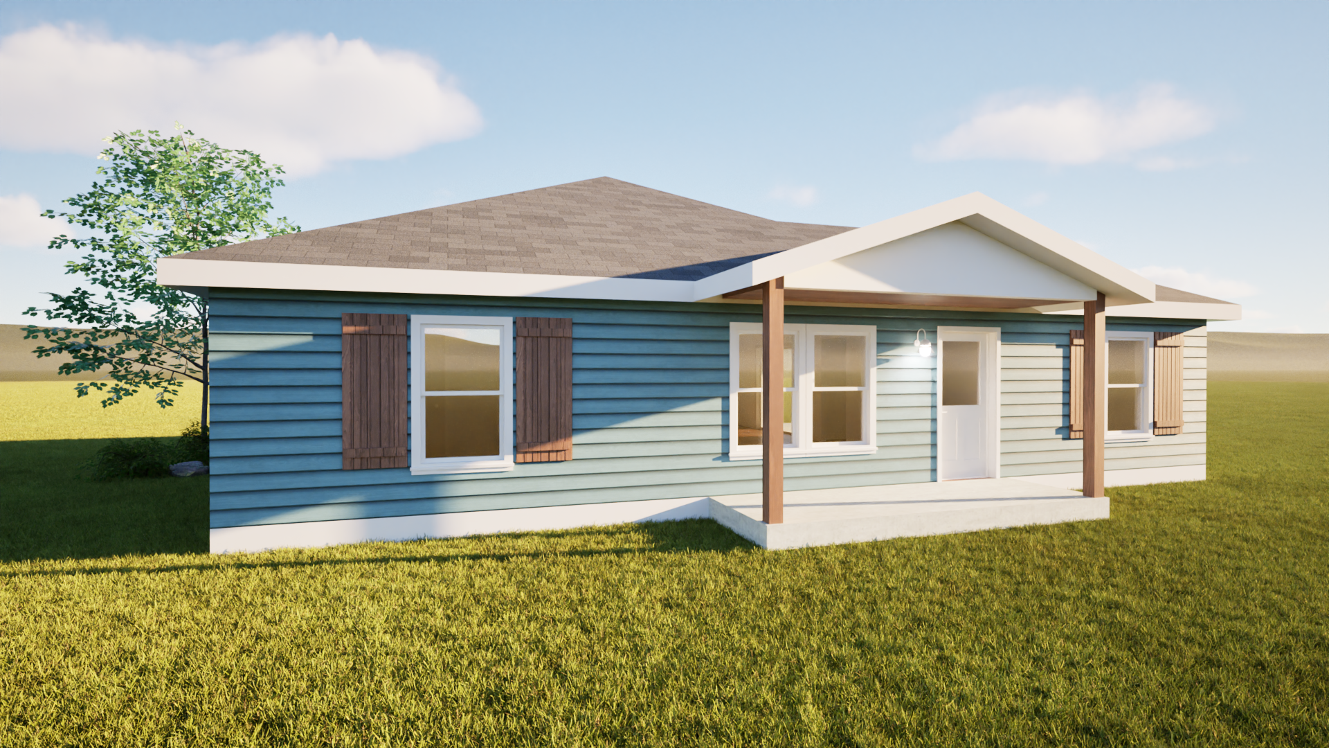 Blue house with brown shutters, front porch, and green lawn on a sunny day.
