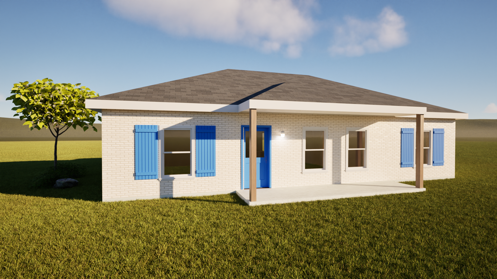 White brick house with blue shutters, brown beams, and grey roof under blue sky.
