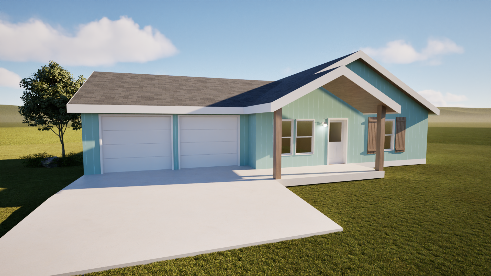 Blue house with a two-car garage, porch, and concrete driveway on a sunny day.