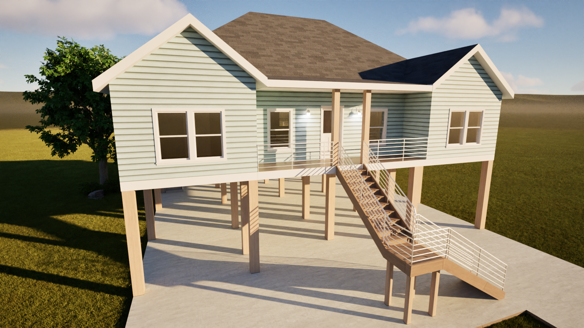 House on stilts, light blue siding, wooden stairs, sunny day.