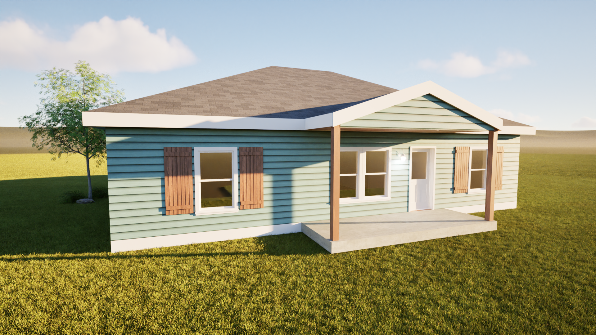 Small, light blue house with brown shutters, white door and porch under a blue sky.