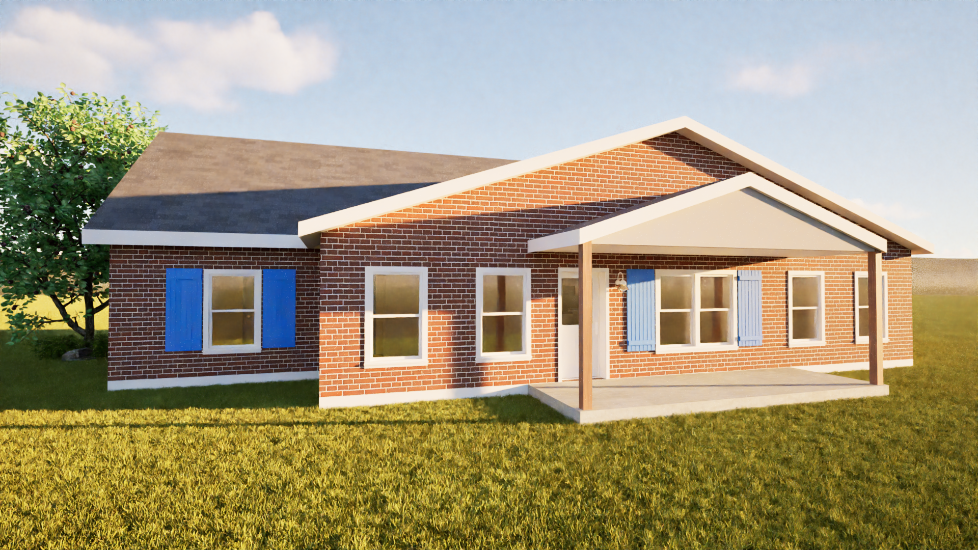 Brick house with blue shutters, porch, and tree on a grassy lawn under a blue sky.