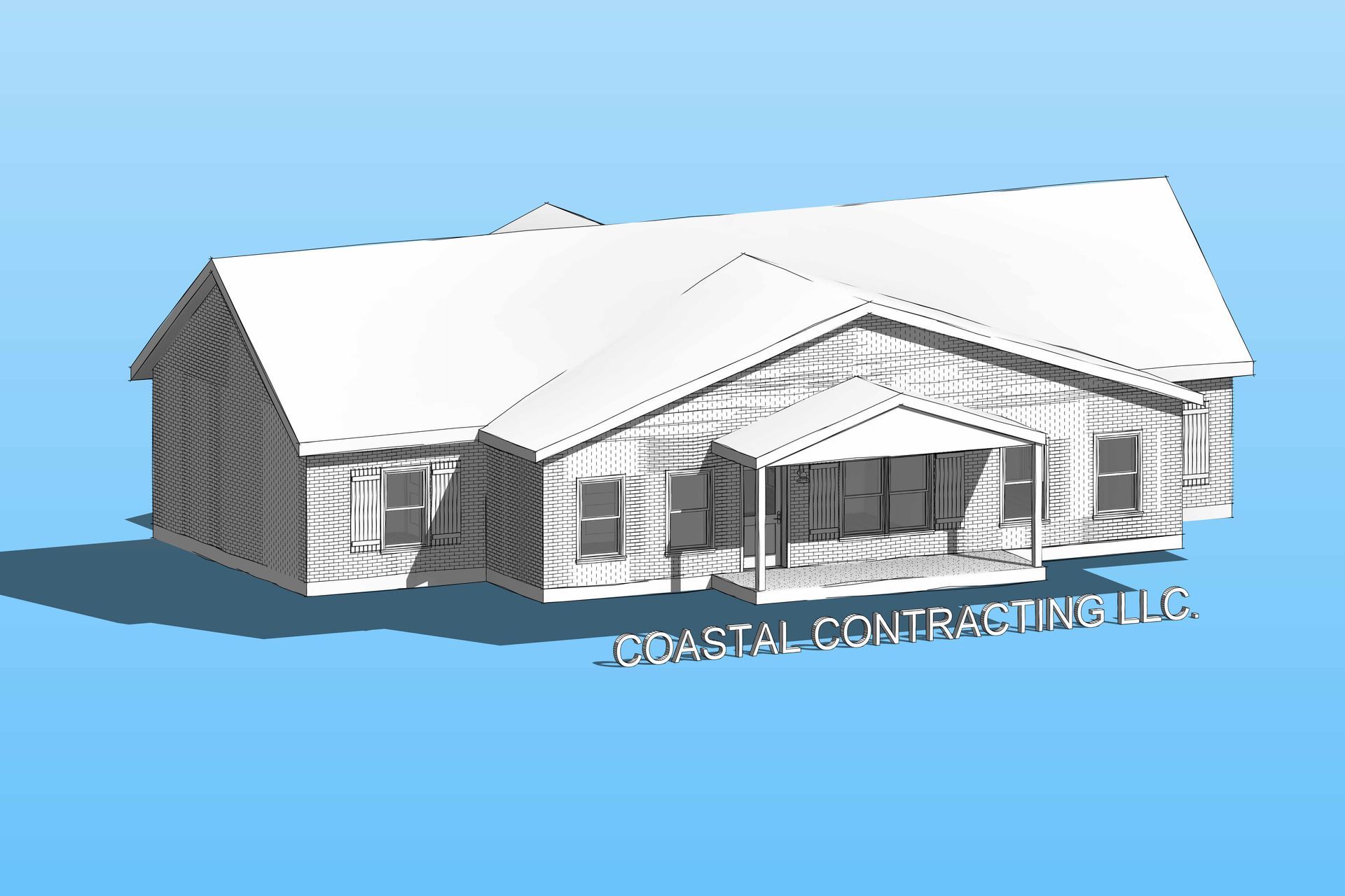 Architectural rendering of a house with a porch, featuring a blue gradient background and the company name “Coastal Contracting LLC”.