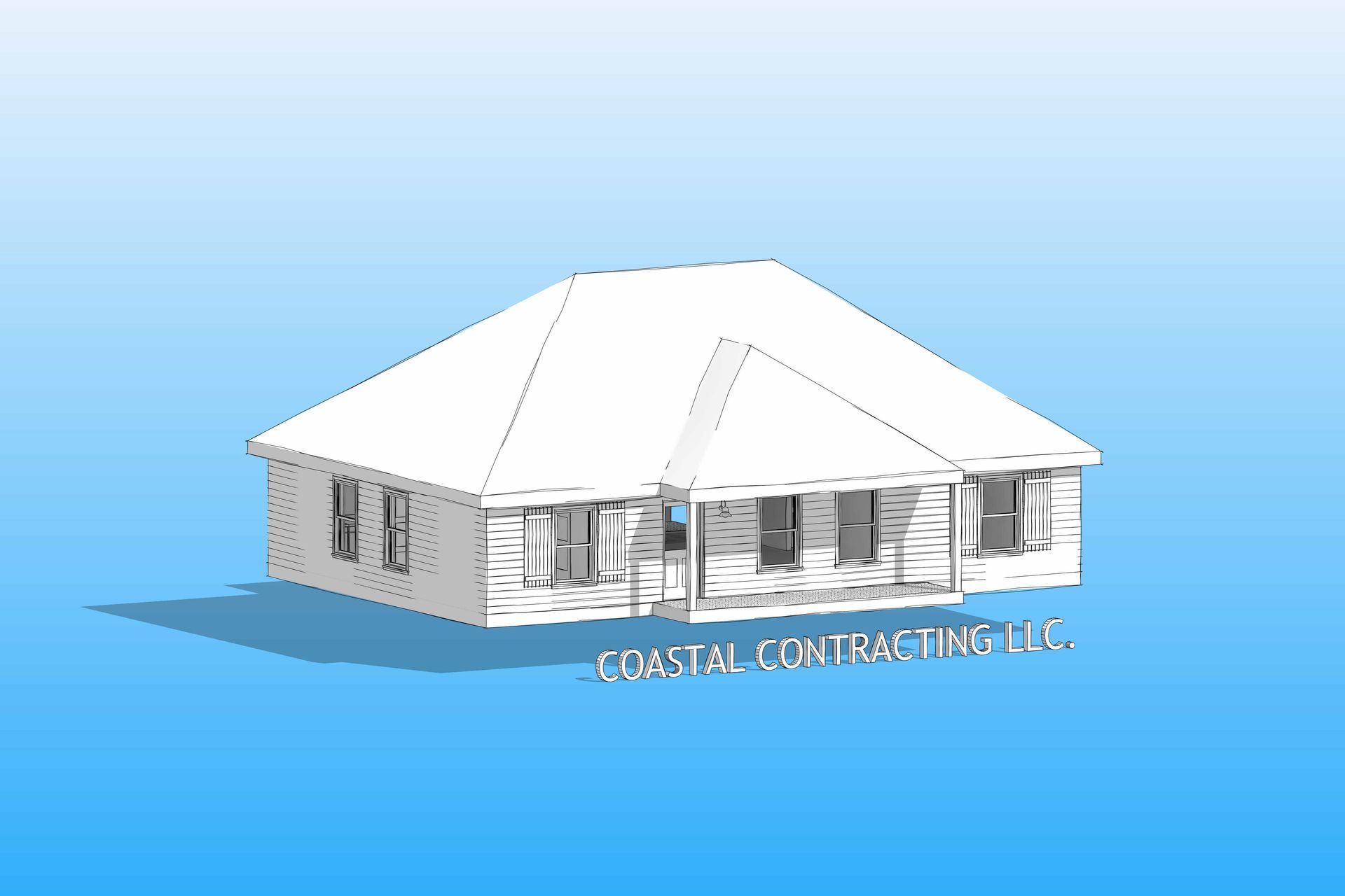 Architectural rendering of a house with a porch, featuring a blue gradient background and the company name “Coastal Contracting LLC”.