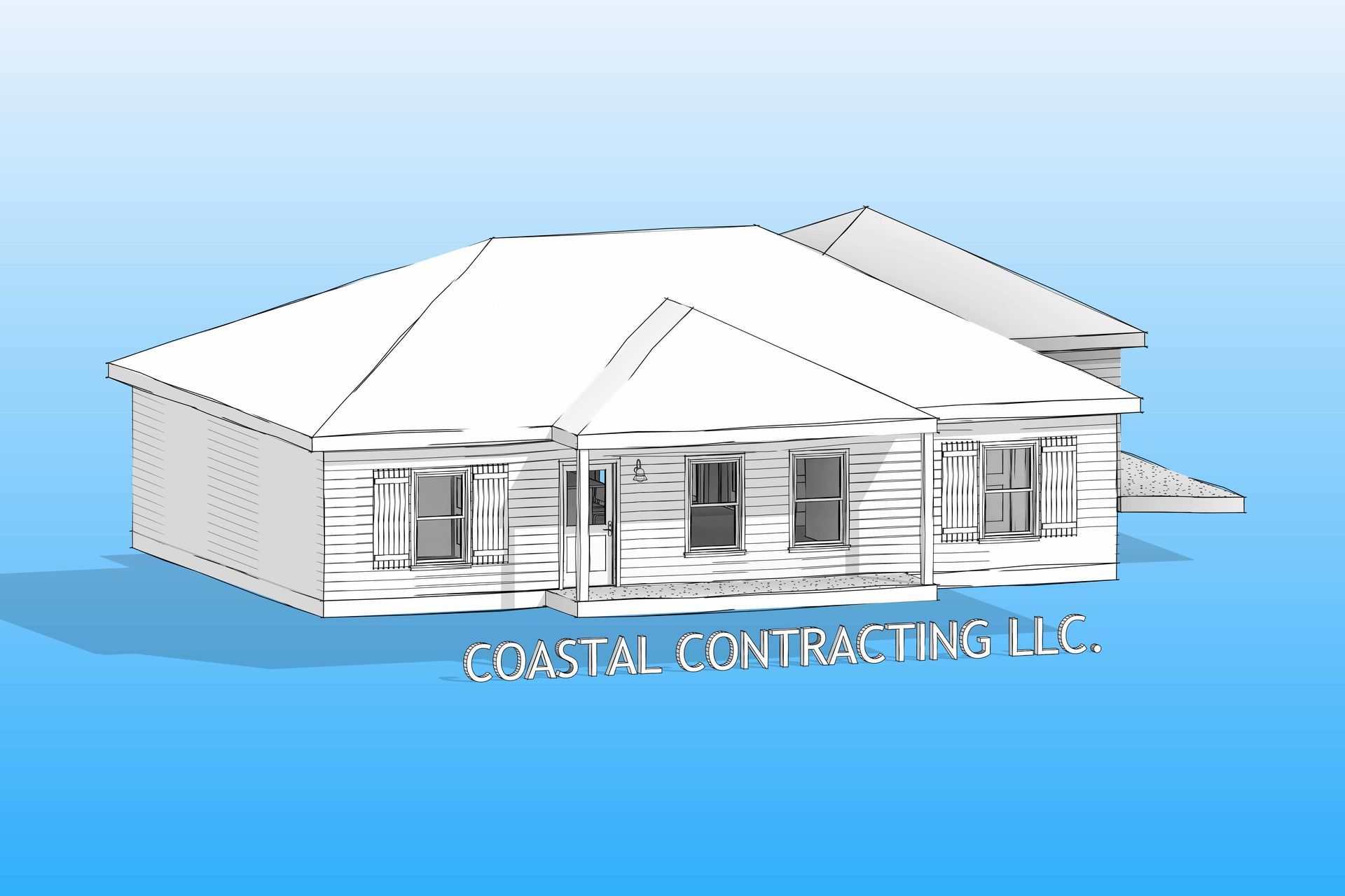 Architectural rendering of a house with a porch, featuring a blue gradient background and the company name “Coastal Contracting LLC”.