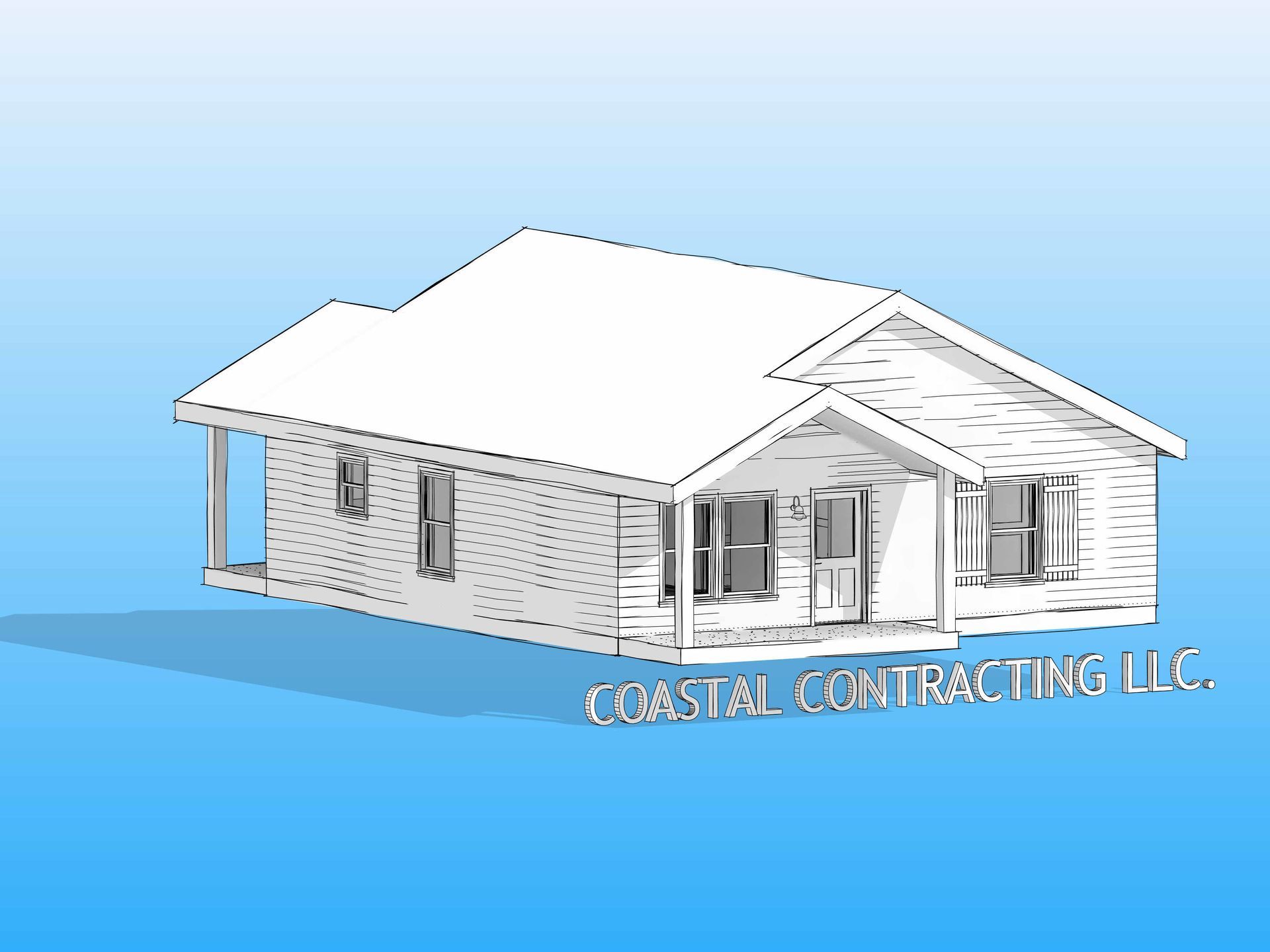 Architectural rendering of a house with a porch, featuring a blue gradient background and the company name “Coastal Contracting LLC”.