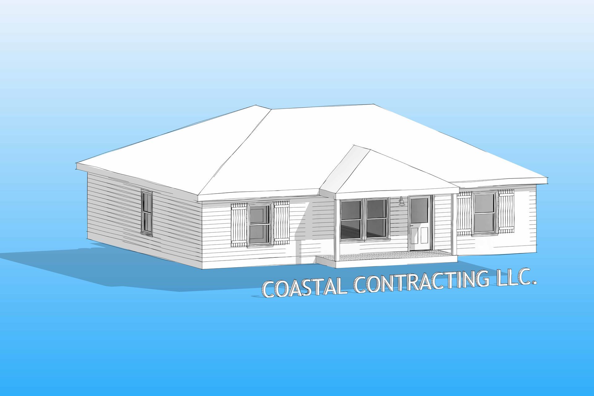 Architectural rendering of a house with a porch, featuring a blue gradient background and the company name “Coastal Contracting LLC”.