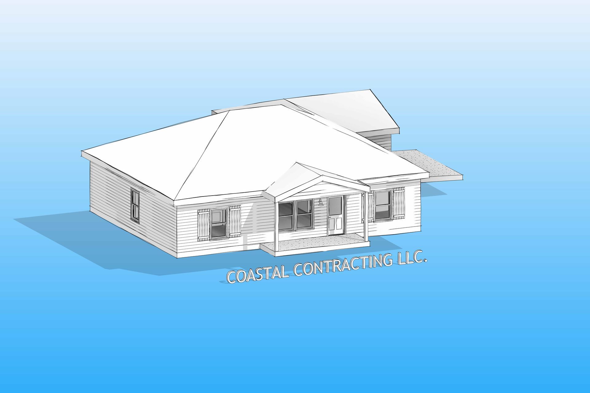 Architectural rendering of a house with a porch, featuring a blue gradient background and the company name “Coastal Contracting LLC”.