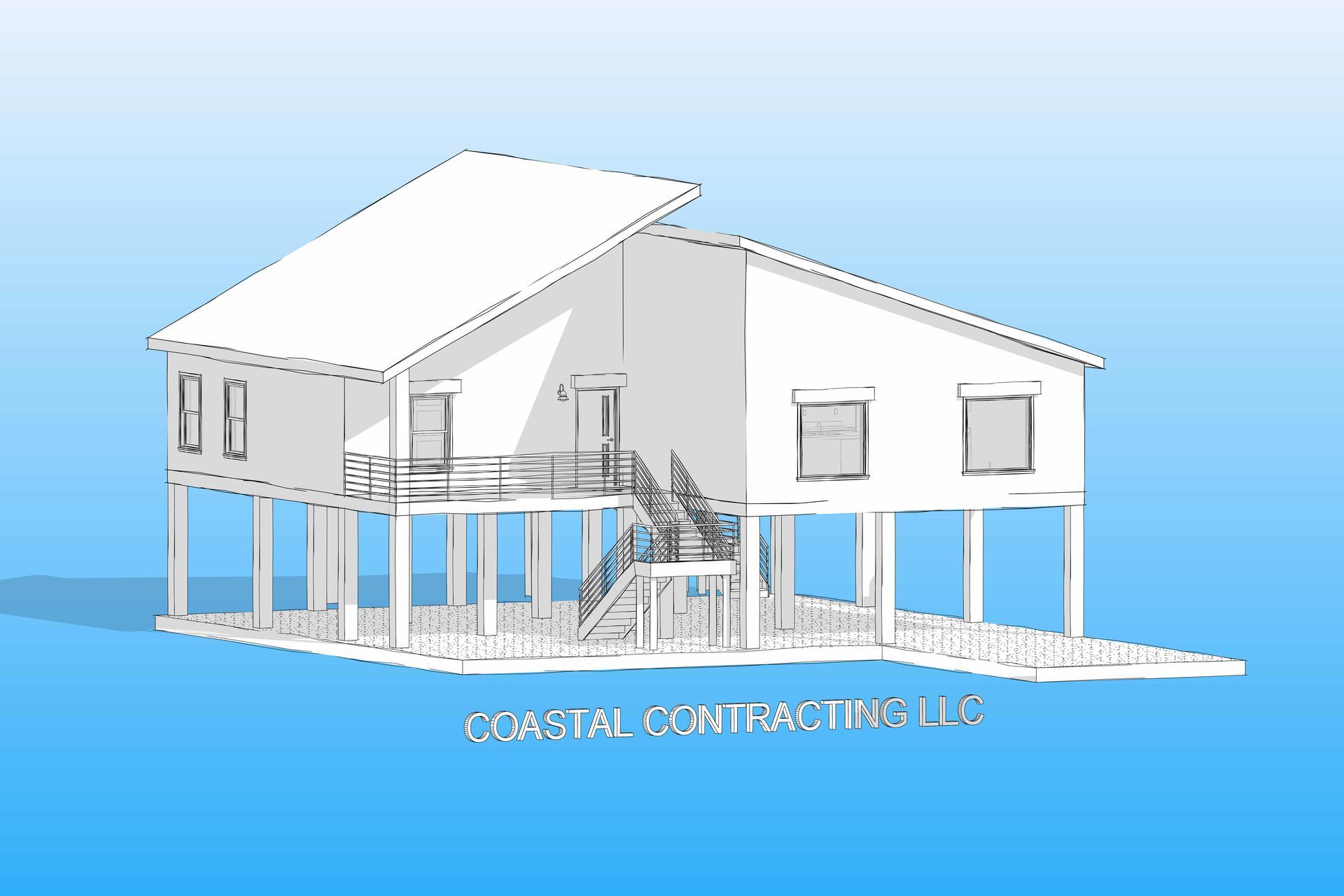 Architectural rendering of a house with a porch, featuring a blue gradient background and the company name “Coastal Contracting LLC”.