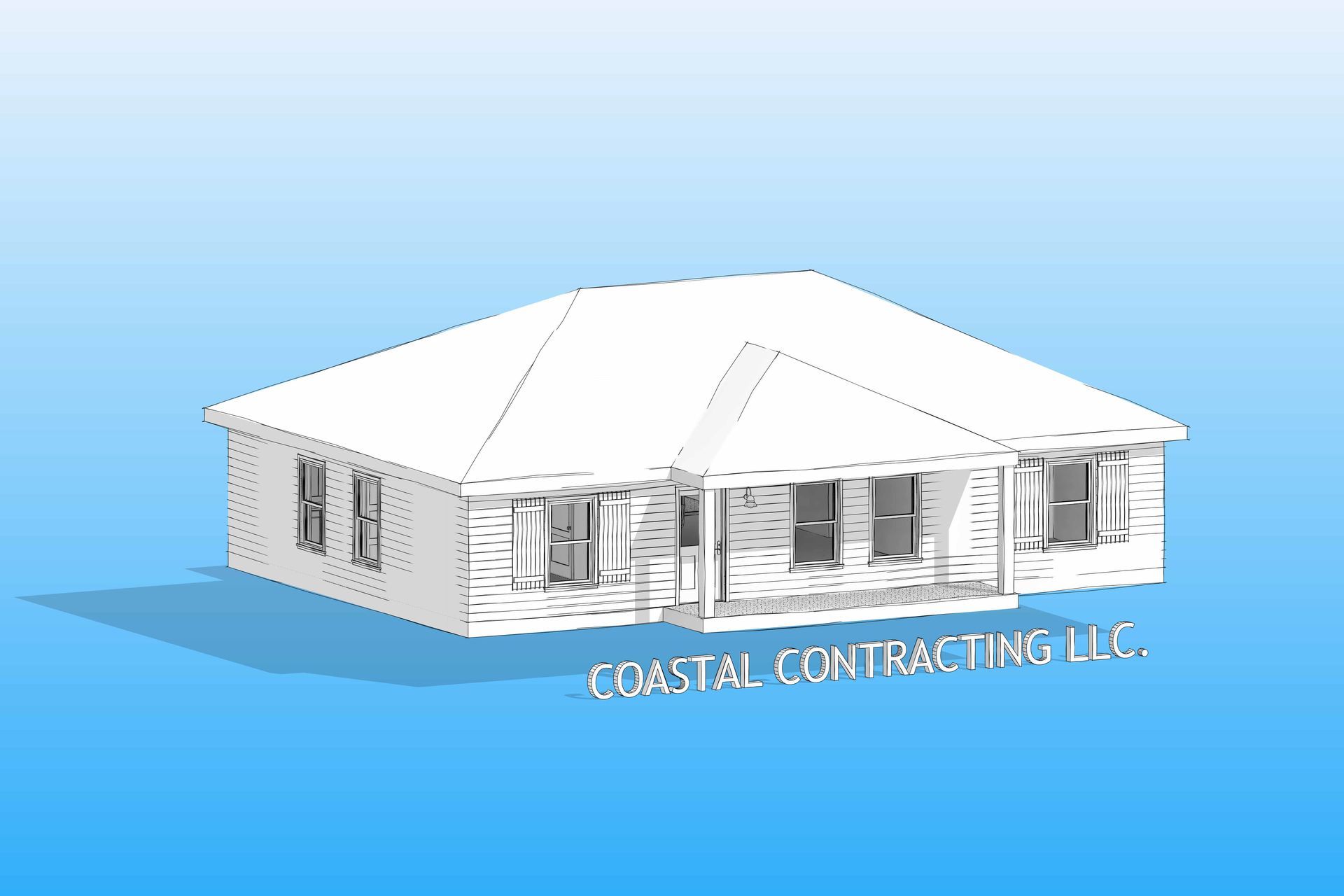 White house rendering on a blue gradient background. Coastal Contracting LLC logo below the house.