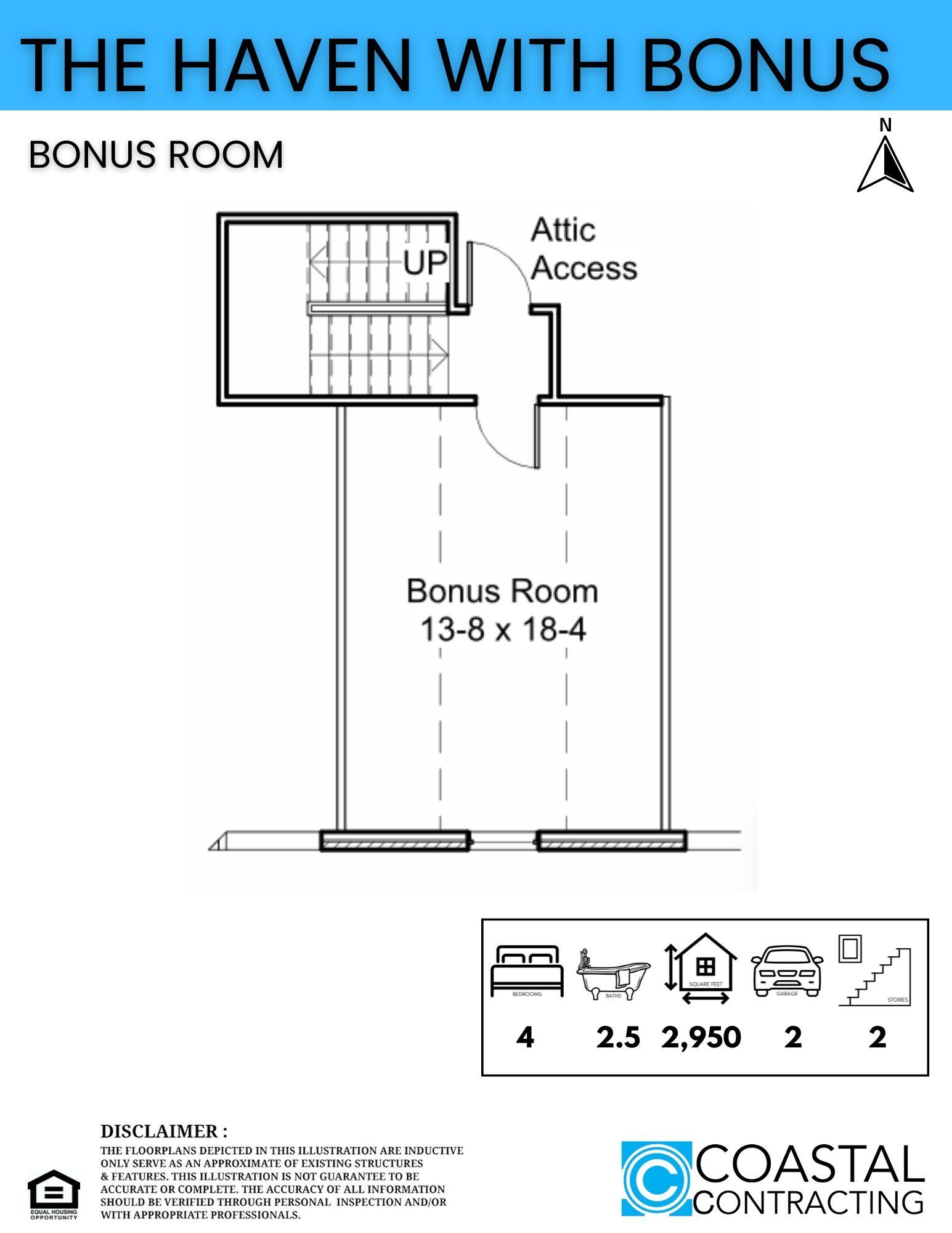 Floor plan: Bonus room with attic access, stairs, and room dimensions. Contains a North arrow and Coastal Contracting logo.