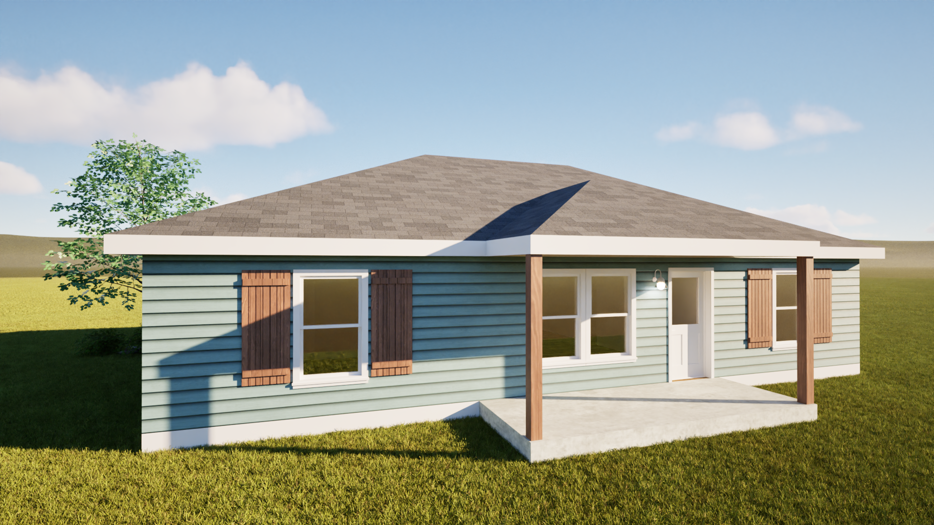 A blue-sided, single-story house with brown shutters and a small porch on a sunny day.