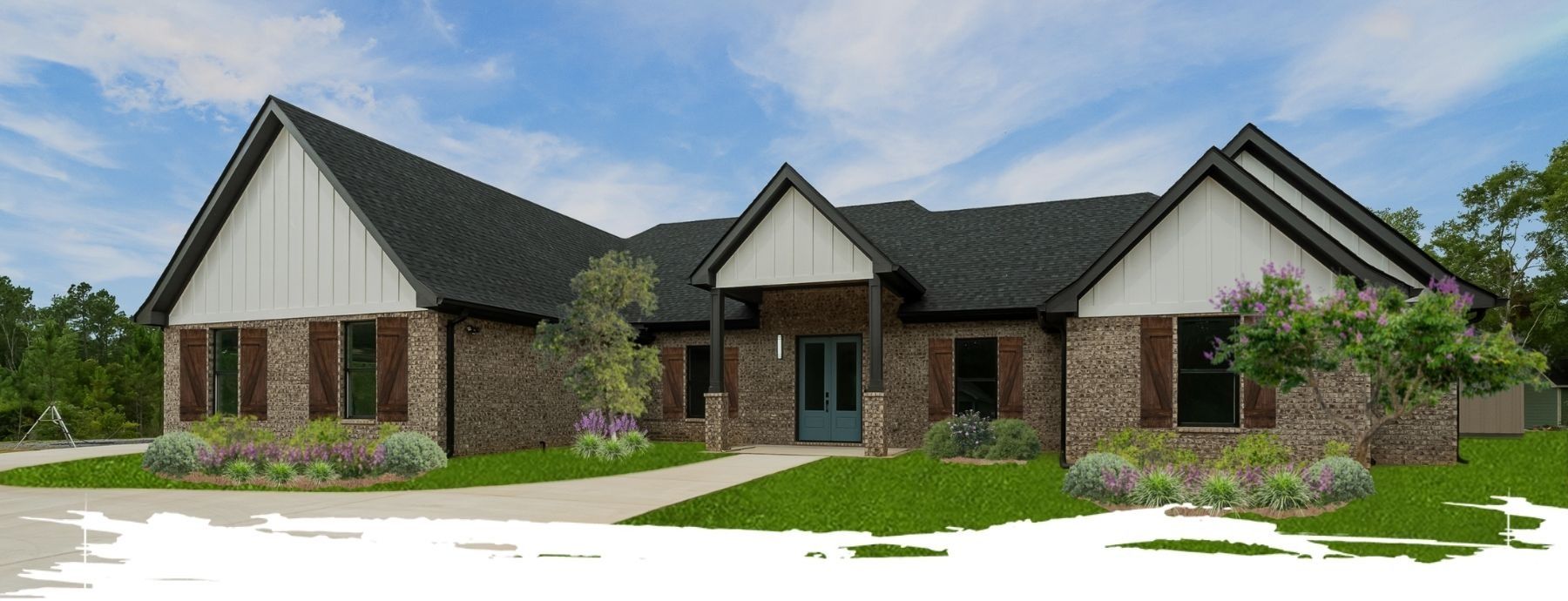 Brick house with white siding and black roof on a sunny day.