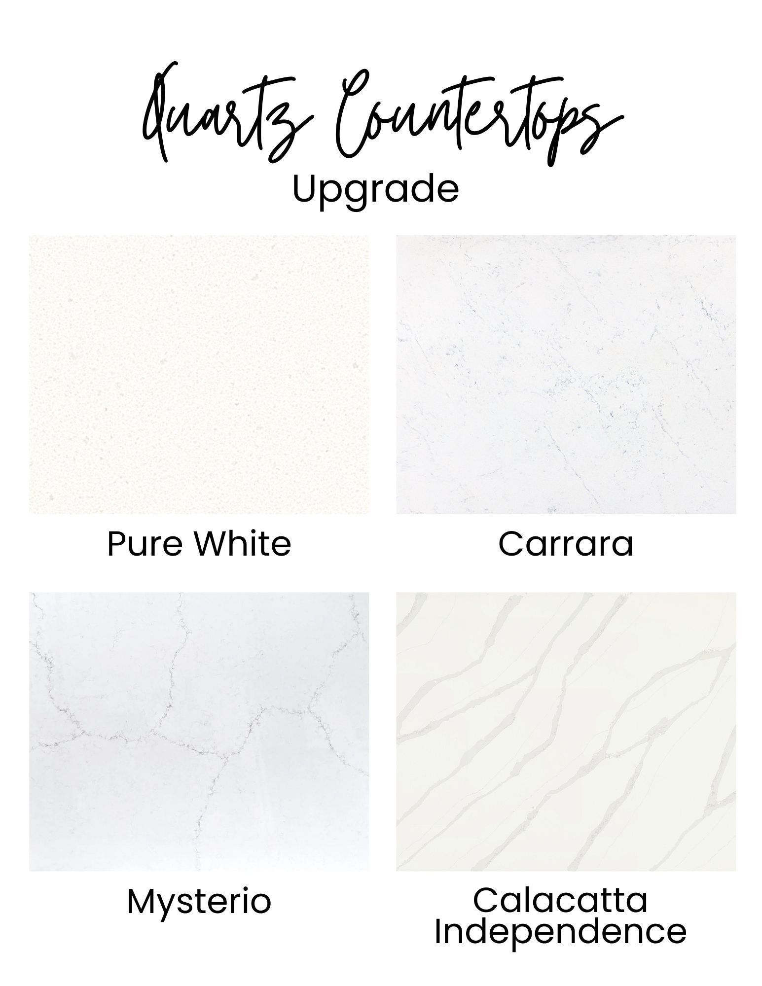 Quartz countertop samples: Pure White, Carrara, Mysterio, and Calacatta Independence.