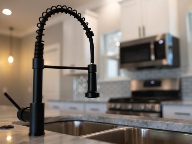 Black kitchen faucet over a stainless steel sink, with a blurred kitchen background.