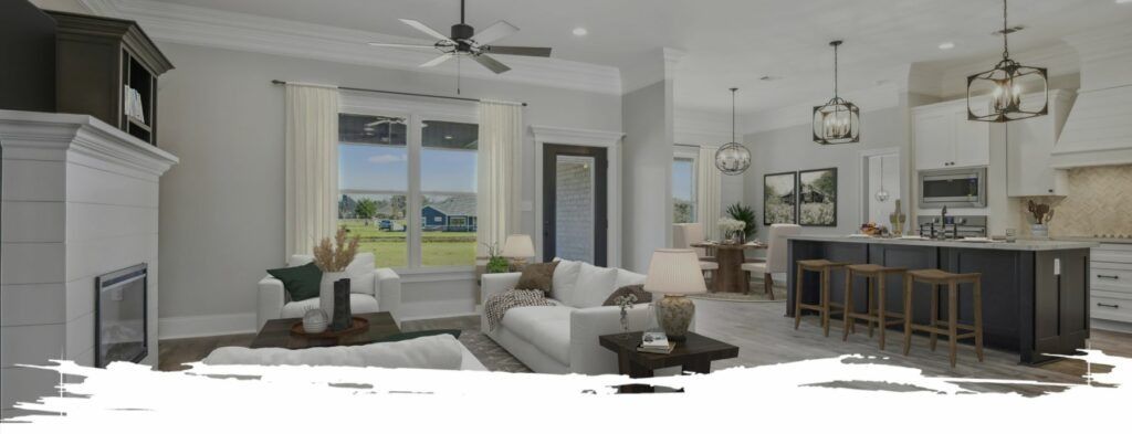 Bright living room with white walls, fireplace, and open-plan kitchen with dark island and bar seating.