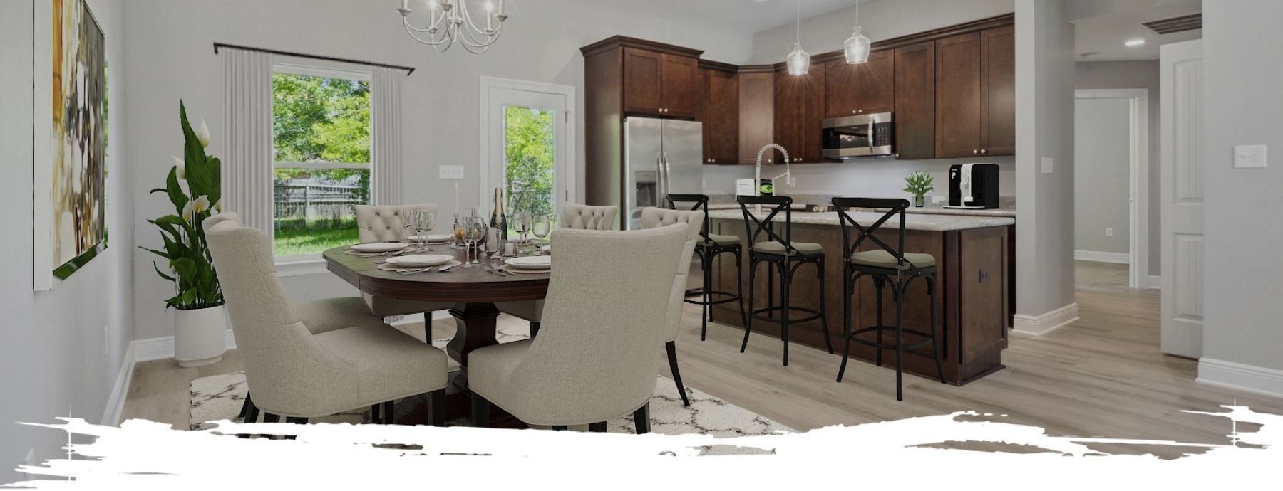 Dining area with a kitchen in the background, brown cabinets, white chairs, and large windows.
