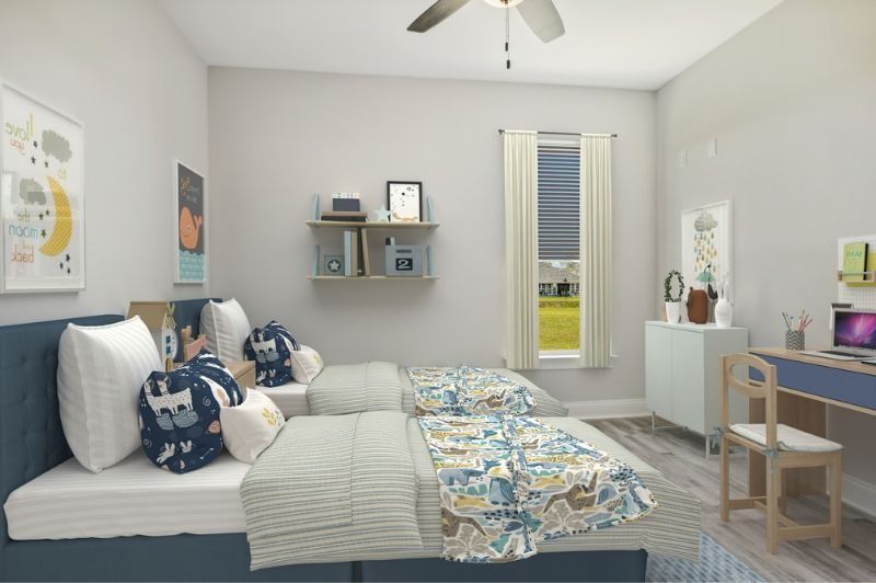 A child's bedroom with two beds, a desk, and colorful art, light blue and beige tones.
