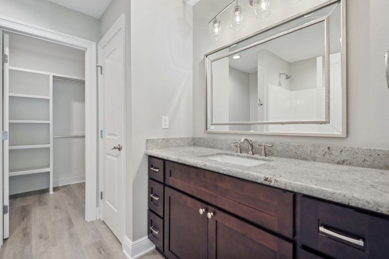 Bathroom with dark wood vanity, granite countertop, large mirror, and walk-in closet.