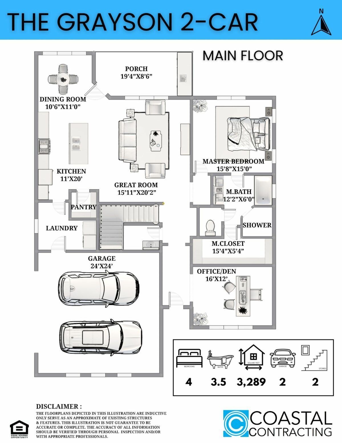 Floor plan of The Grayson 2-Car home. Includes garage, main floor layout: kitchen, living room, bedrooms.
