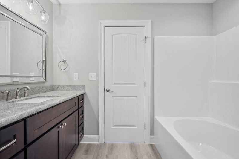 Bathroom with dark brown vanity, white door, bathtub, and light gray walls.