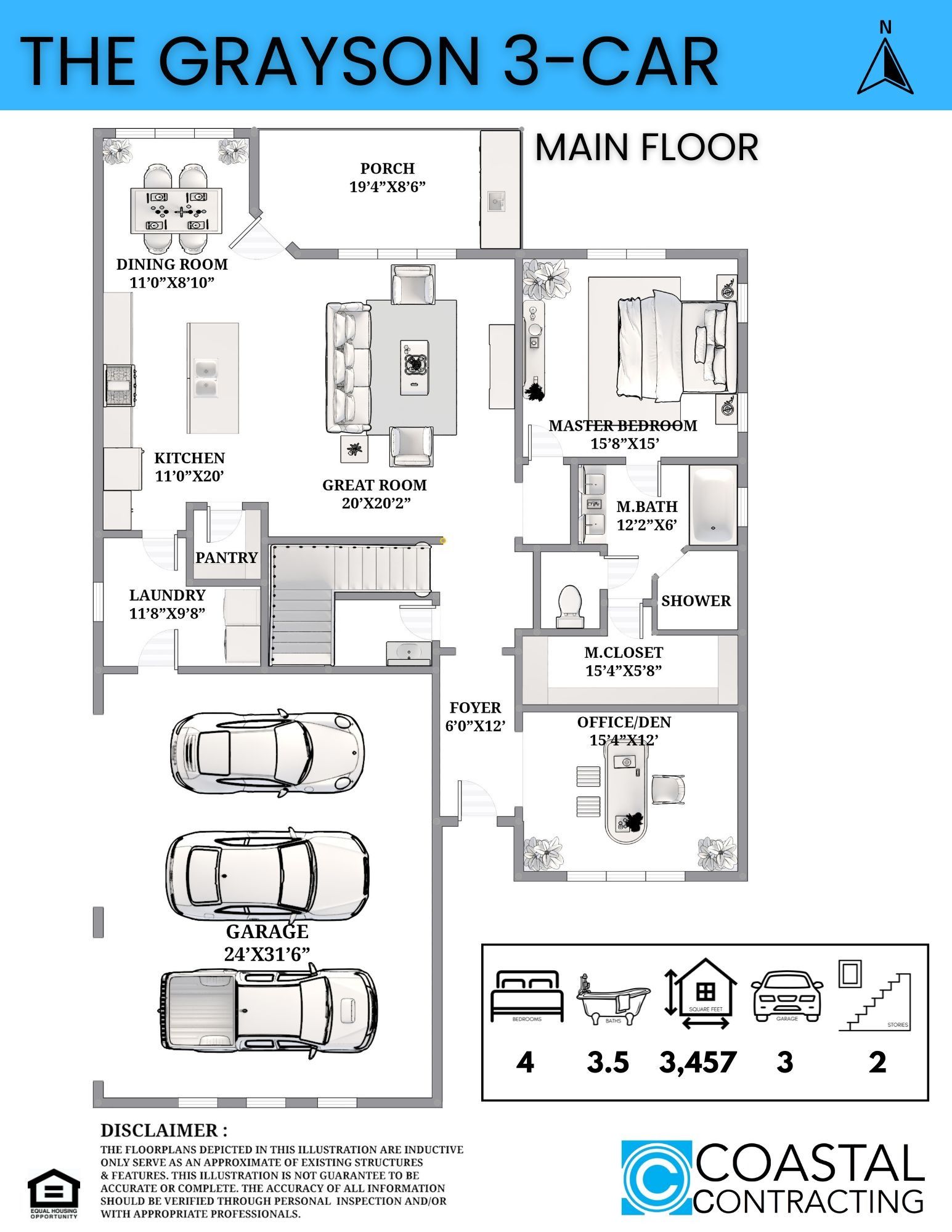 Floor plan of The Grayson 3-Car home: 4 bedrooms, 3.5 baths, 3457 sq ft, and 3-car garage.