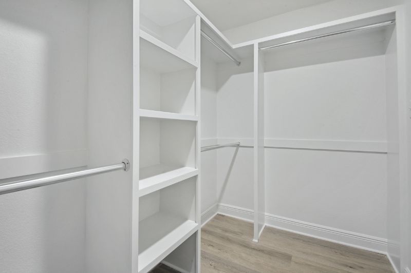 Empty white walk-in closet with shelves and rods, wood-look flooring.
