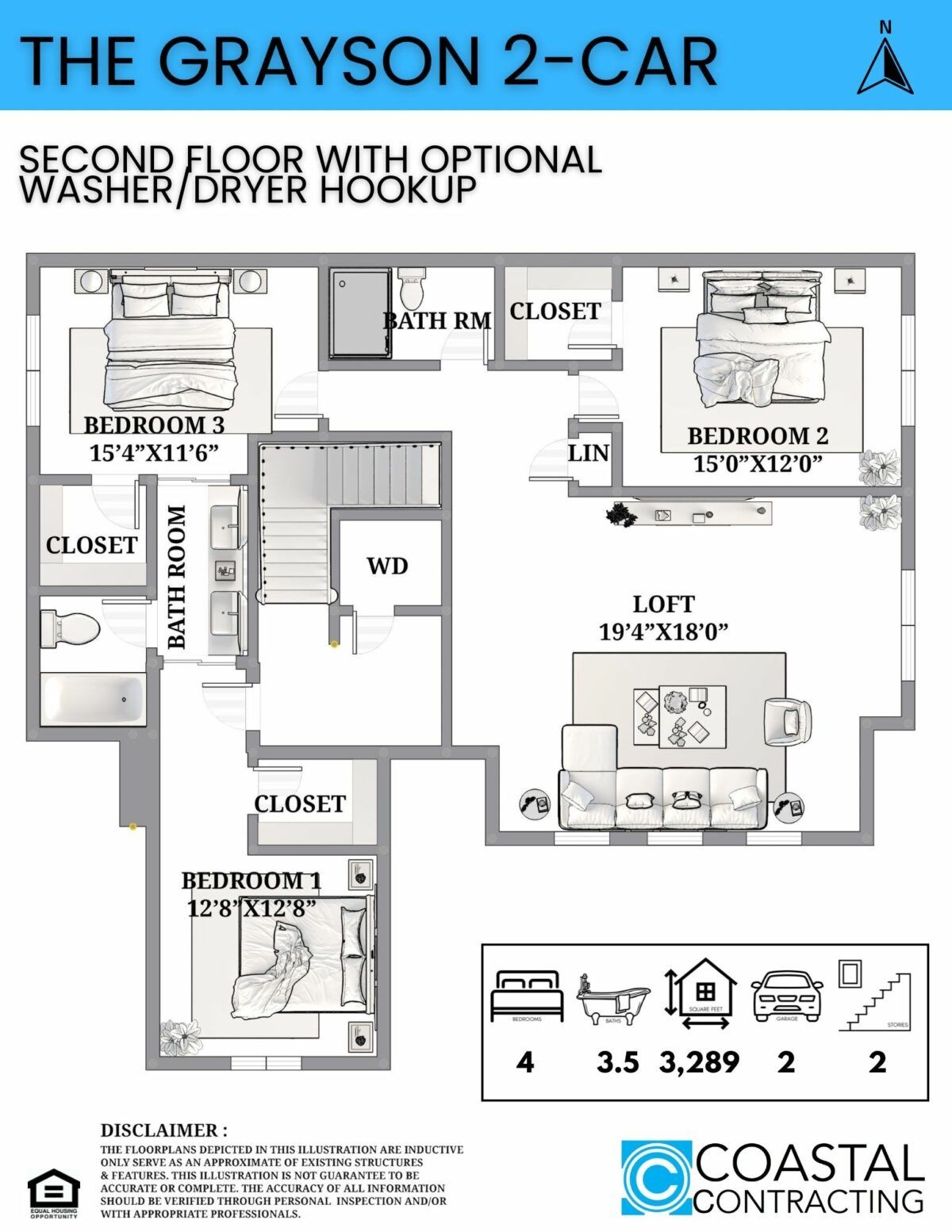 Floor plan of a two-story home, the second floor layout with three bedrooms, a loft, and a washer/dryer hookup.