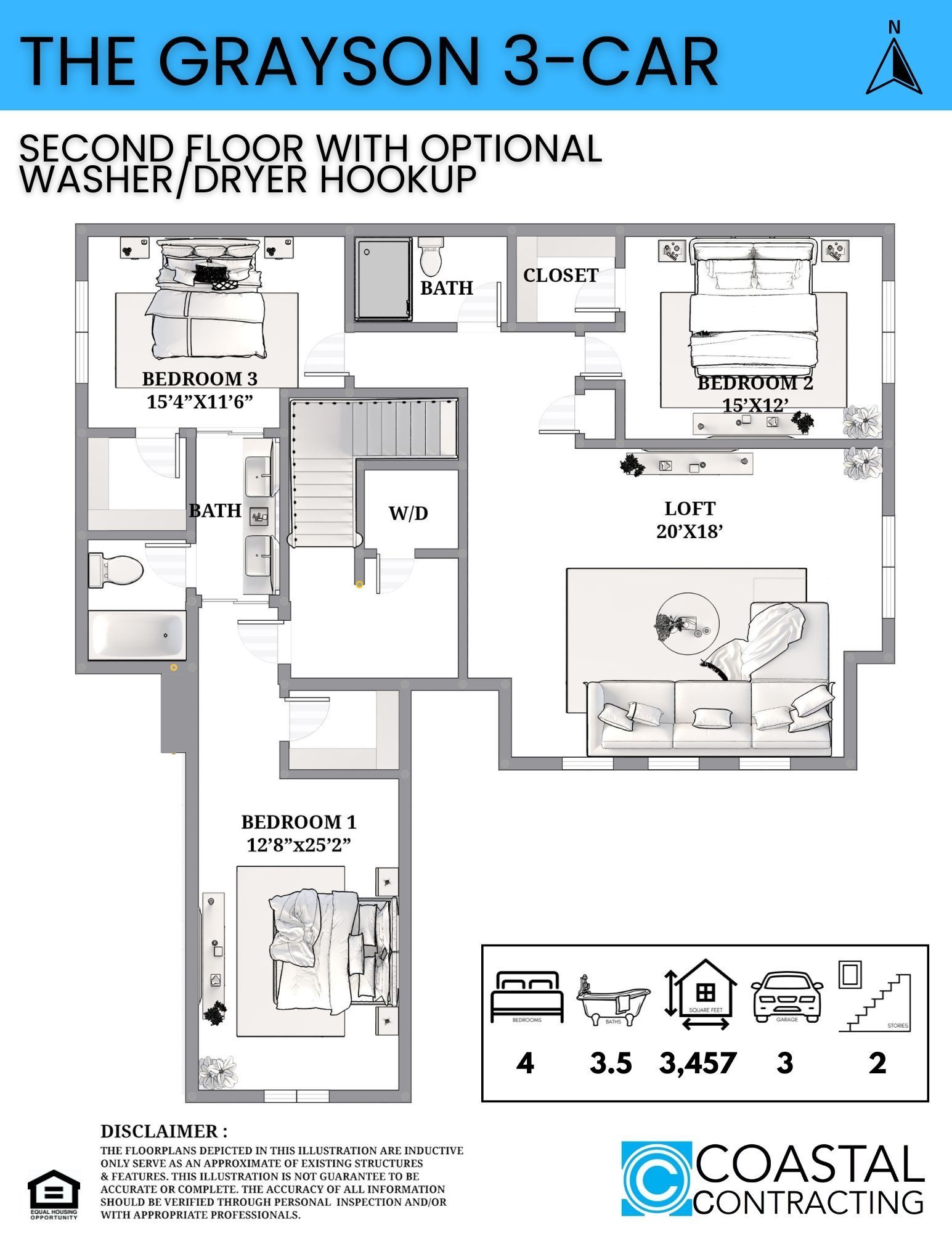Floor plan: Second floor of a 3-car home with 4 beds, 3.5 baths, and a washer/dryer hookup.