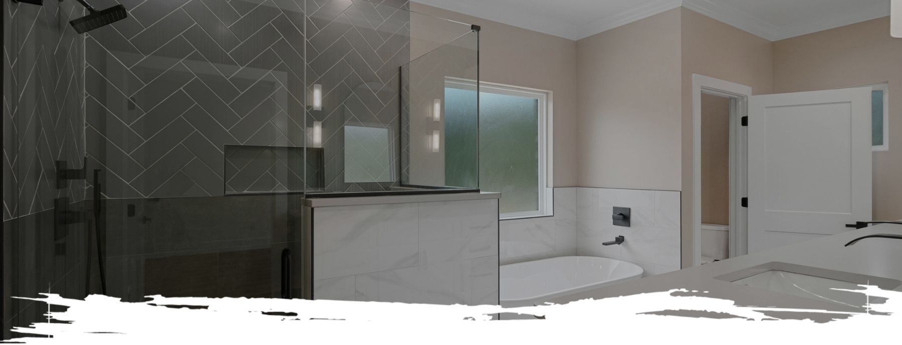 Modern bathroom with glass shower, bathtub, and white door.