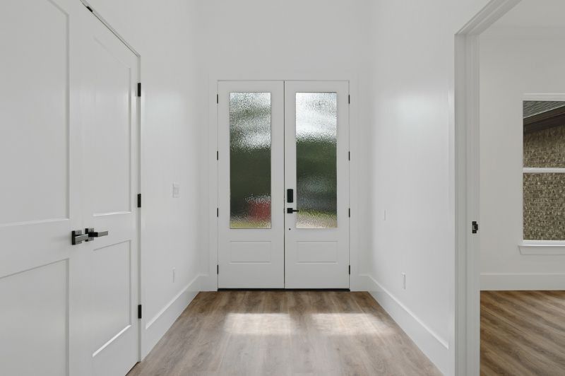 Bright entryway with double doors, frosted glass, white walls, and hardwood flooring.