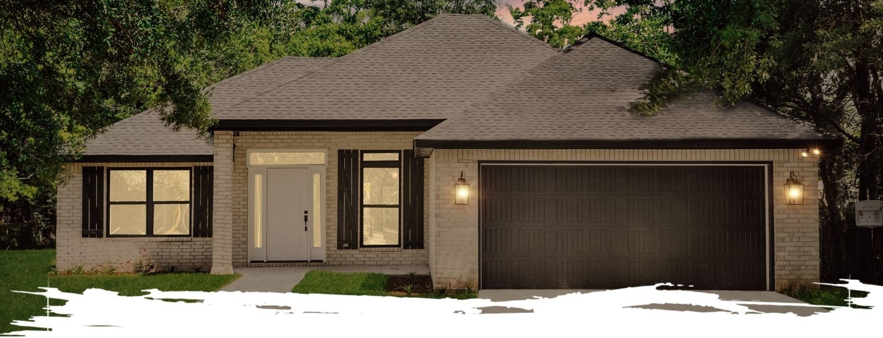 A beige brick house with a dark garage door, black shutters, and a white front door.