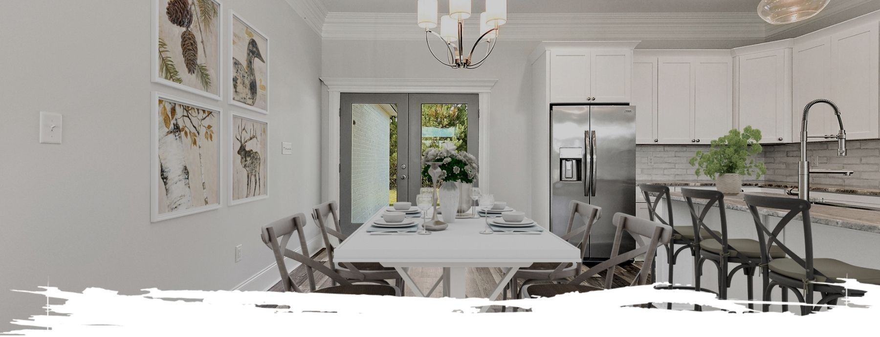 Dining room with white table and chairs, open to kitchen with island.
