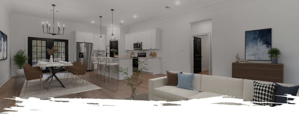 Modern open-concept living space: kitchen, dining area, and living room with neutral colors and contemporary furniture.