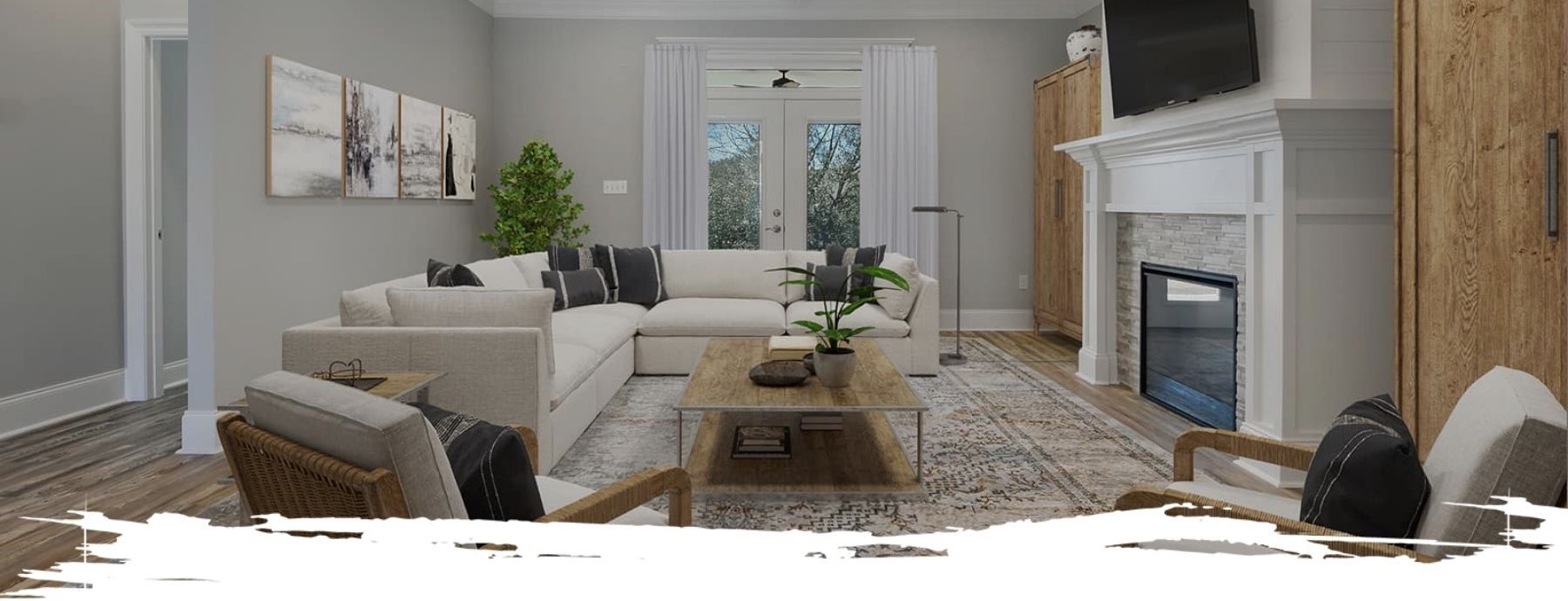 Living room with a white sectional sofa, fireplace, and wooden furniture.