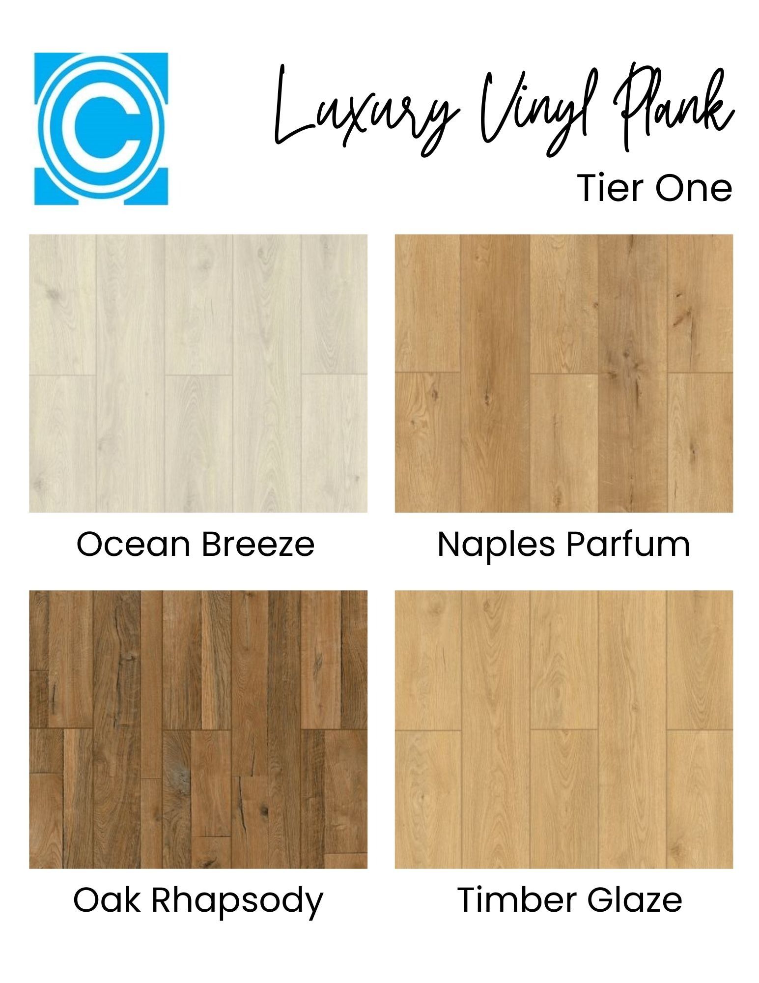 Luxury vinyl plank flooring samples: Ocean Breeze, Naples Parfum, Oak Rhapsody, and Timber Glaze.