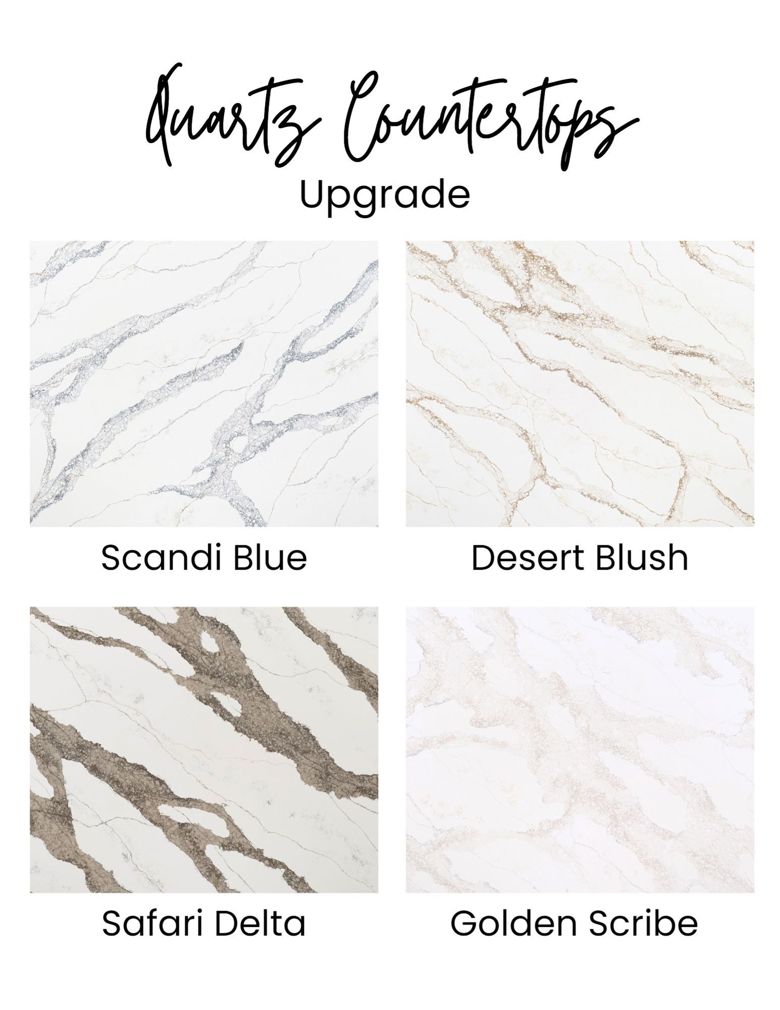 Quartz countertop upgrade options: Scandi Blue, Desert Blush, Safari Delta, and Golden Scribe.