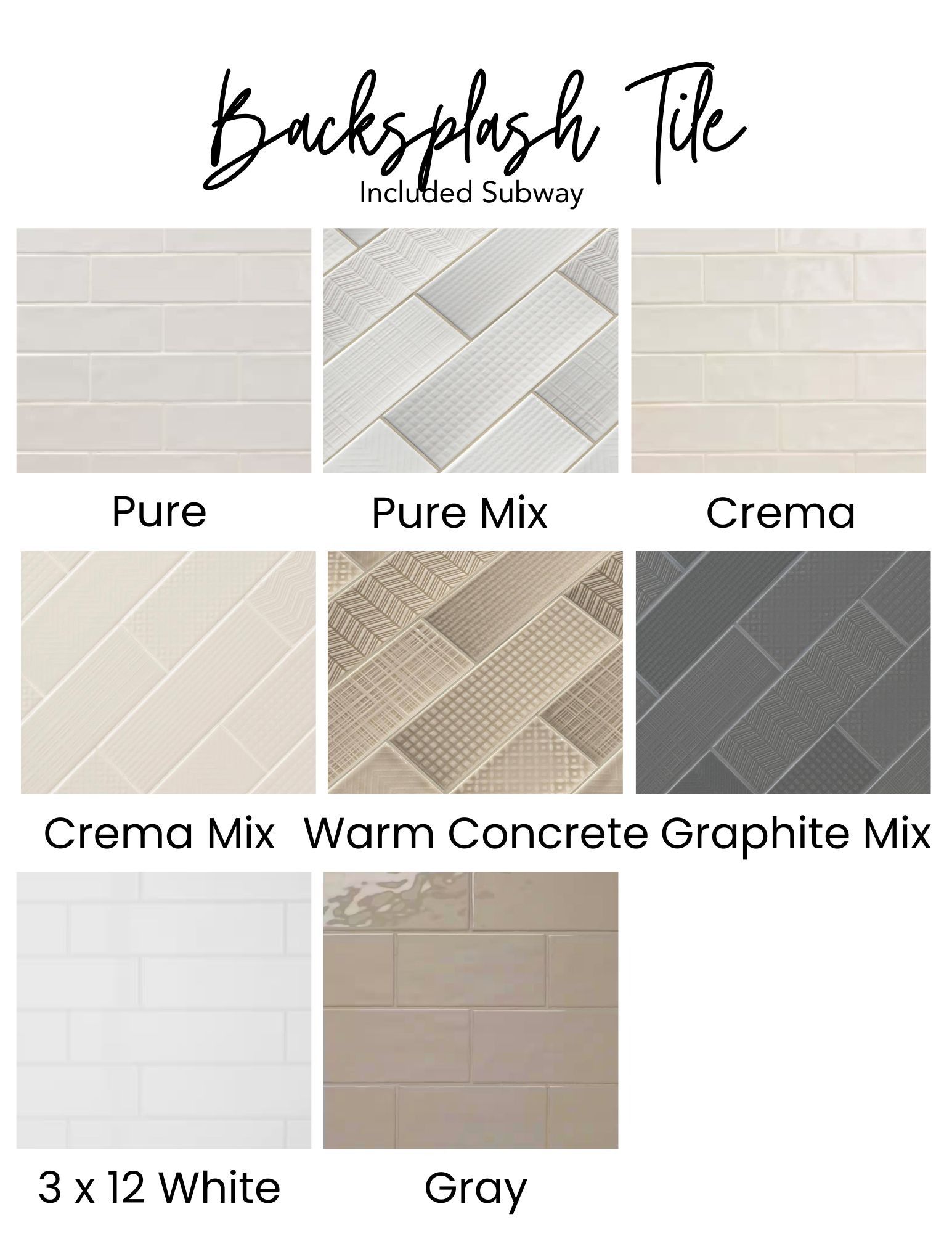 Tile options: Subway backsplash tiles in various colors and patterns, including white, gray, and mixed tones.