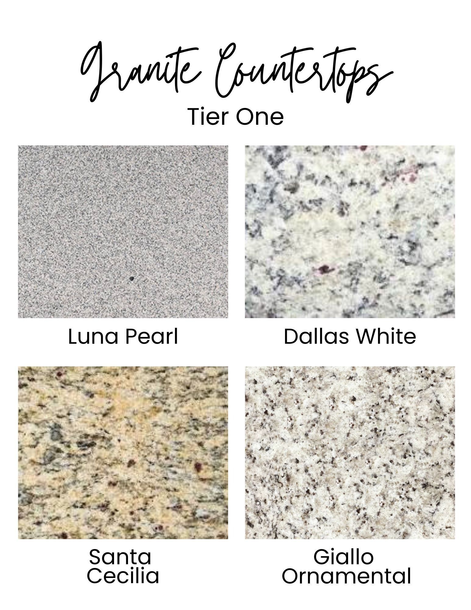 Granite countertops: Luna Pearl, Dallas White, Santa Cecilia, and Giallo Ornamental samples are displayed.