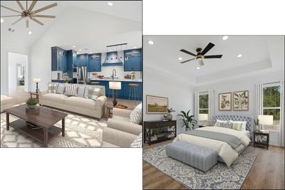 Living room and bedroom in a home. Open floor plan with blue kitchen. Master bedroom with bed and decor.
