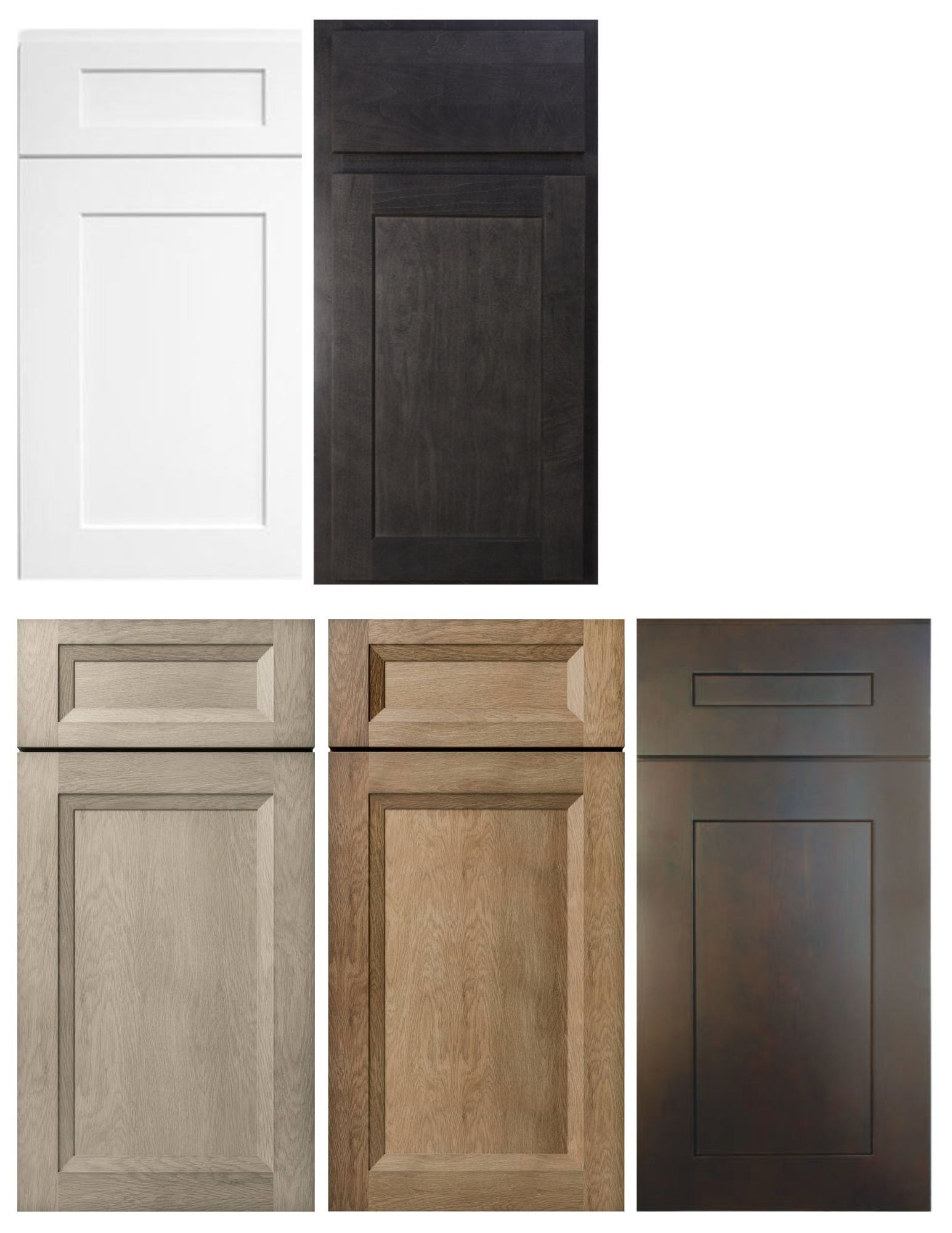 Cabinet doors in white, black, and various wood tones.