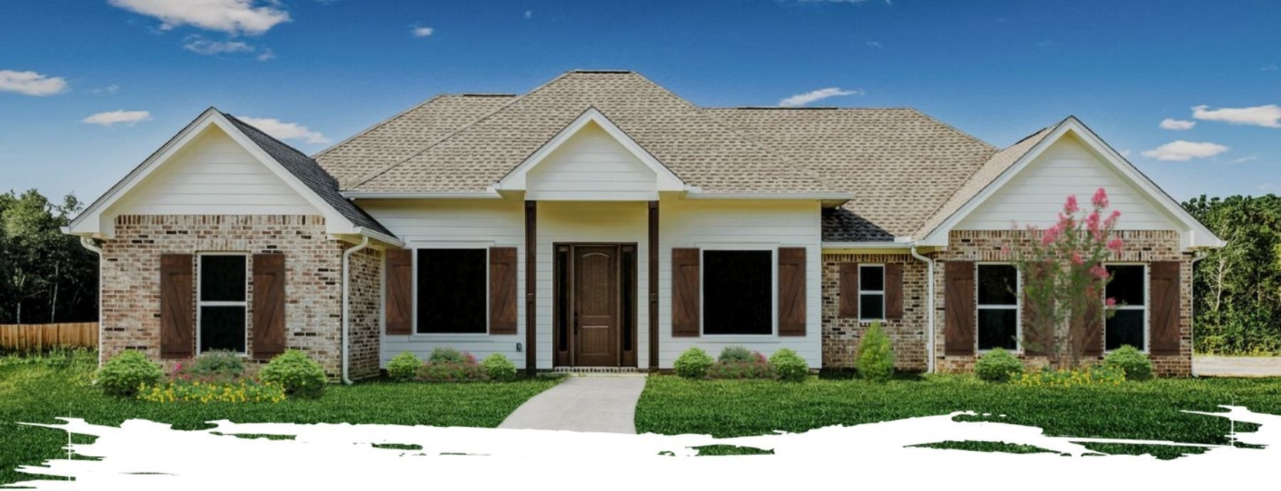 A light-colored, brick-faced ranch house with brown shutters and a matching front door.