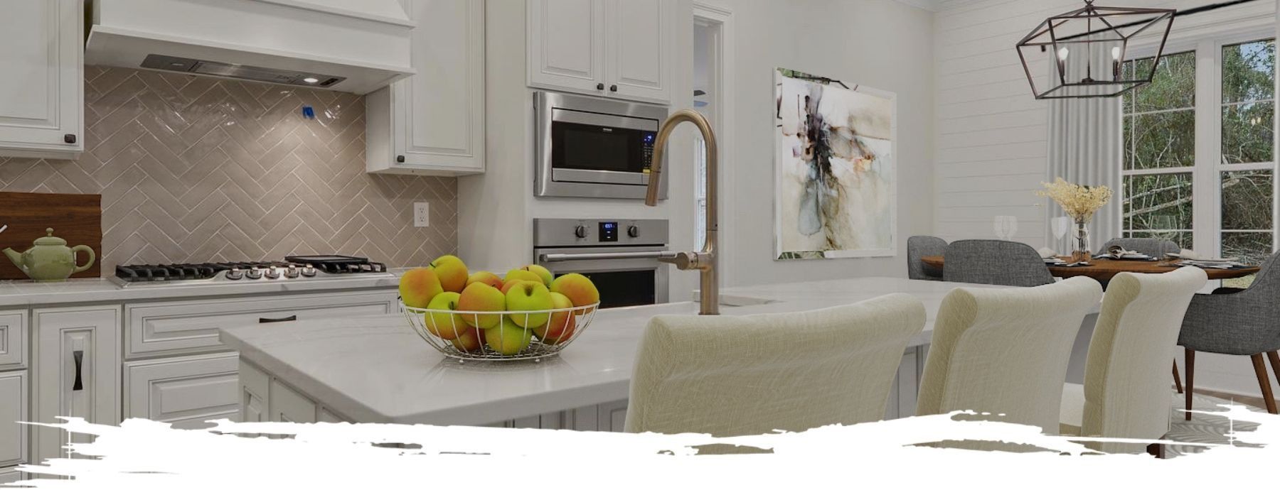 A modern kitchen with white cabinets, a central island, and a dining area with a large window.