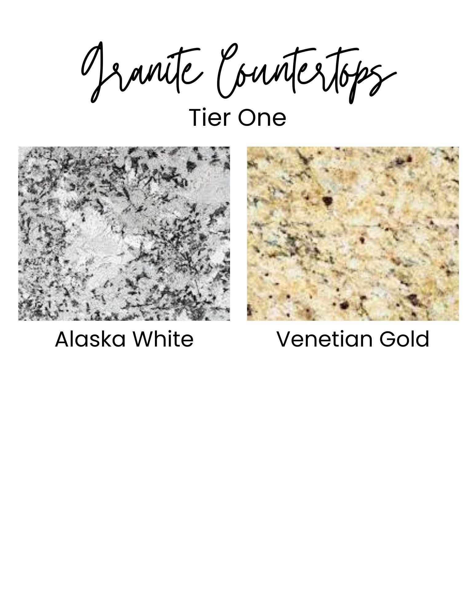 Granite countertop samples: Alaska White (white/black) and Venetian Gold (tan/gold). Tier One.