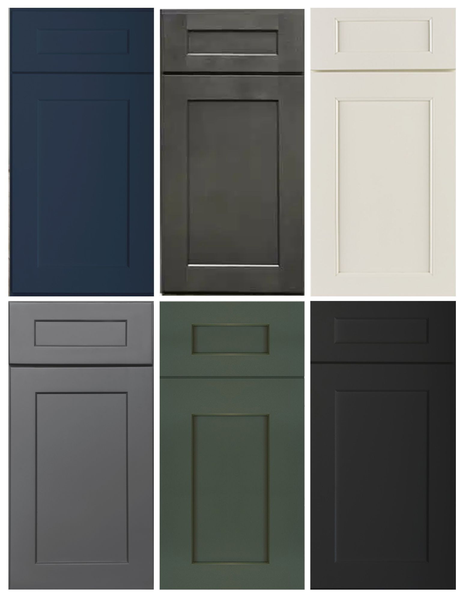 Six cabinet door samples in different solid colors: navy, charcoal, cream, gray, green, and black.