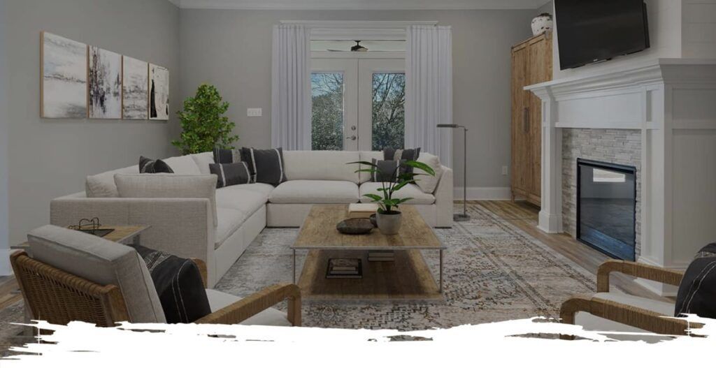 Cozy living room with a sectional sofa, fireplace, and neutral color scheme.
