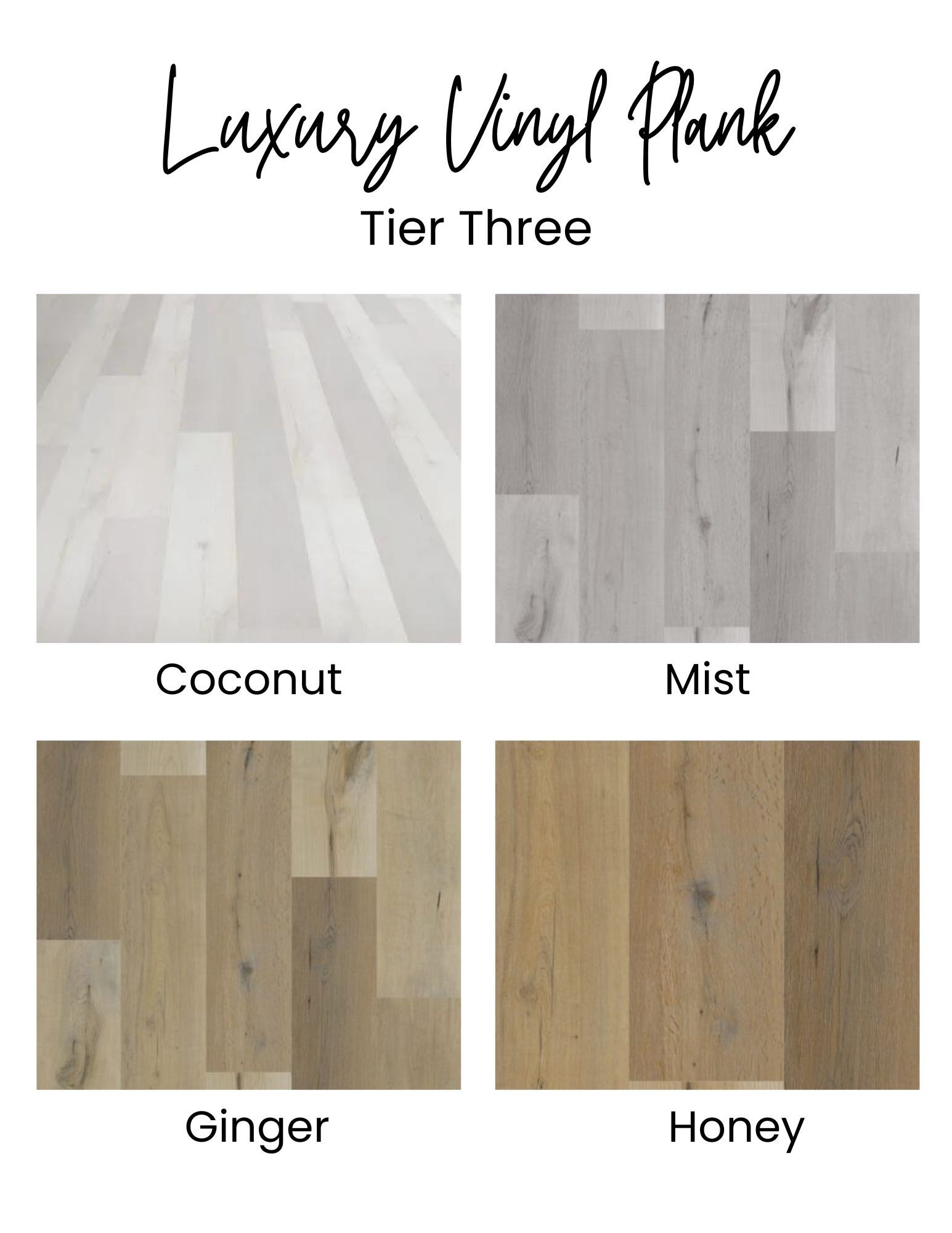 Luxury vinyl plank flooring samples in Coconut (white), Mist (gray), Ginger (tan), and Honey (brown).